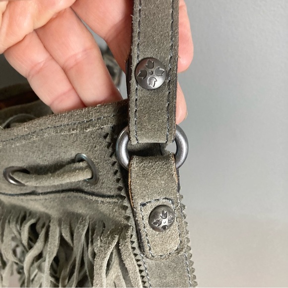 Patricia Nash Bronte Gray Suede Bohemian Drawstring Bucket Bag fringe - Picture 12 of 16